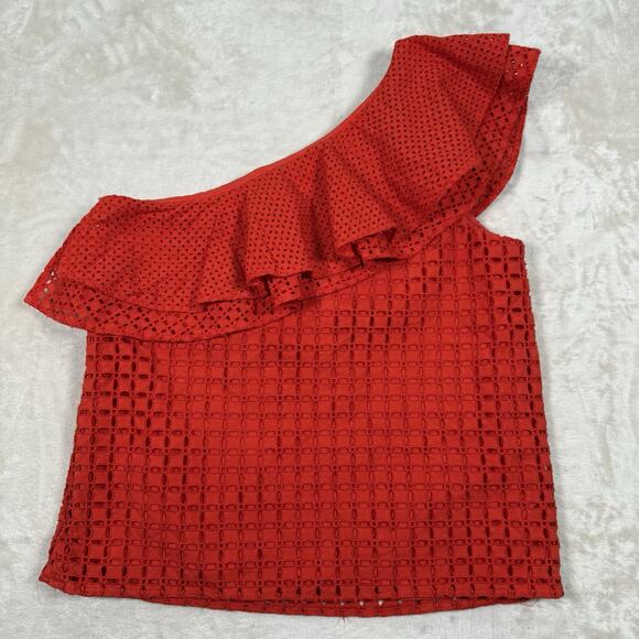 J Crew Top Red Eyelet Blouse Ruffle Lined Off the Shoulder Women's Size 4 - Picture 5 of 10